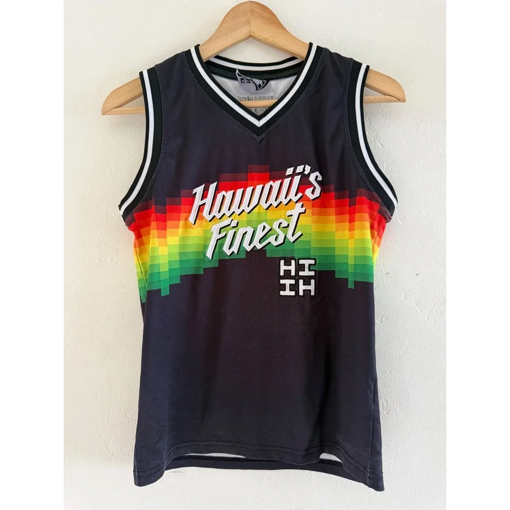 Hawaiis Finest Kids Basketball Jersey Black Rainbow Pixel Gradient Size M